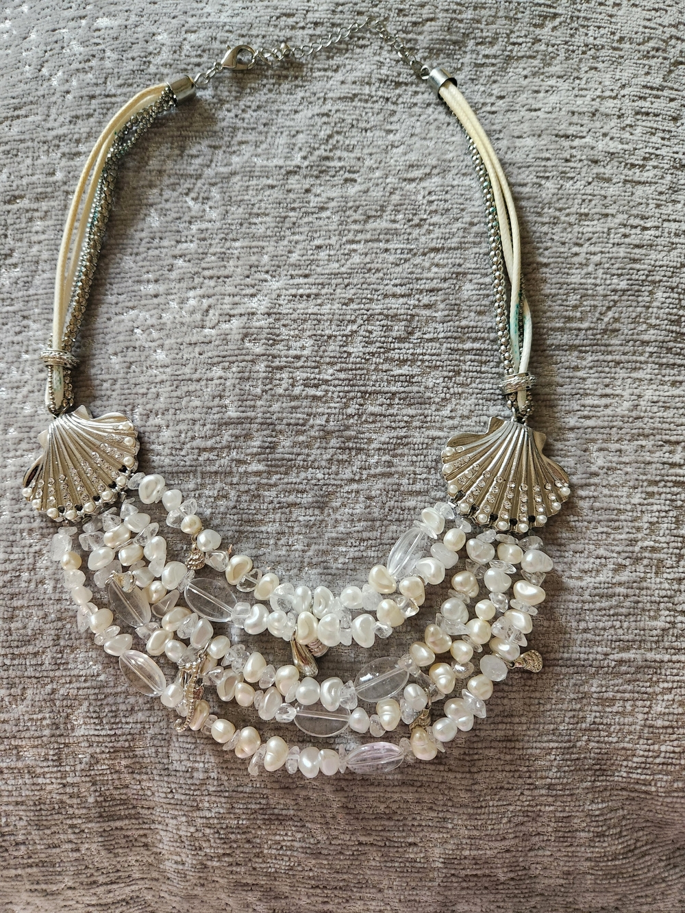 Multi-Strand Pearl and Crystal Statement Necklace - Cream/White